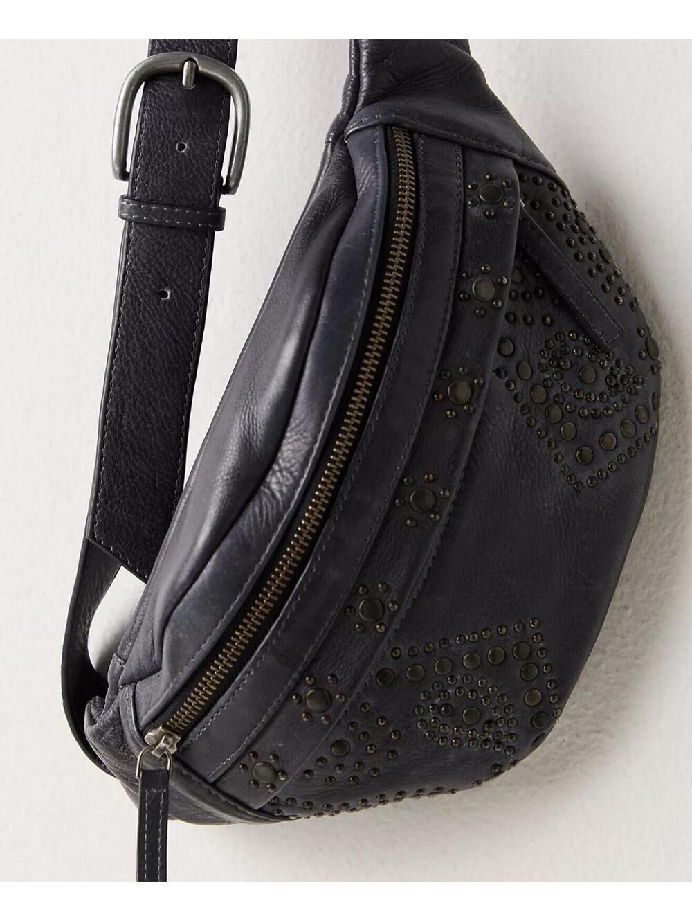 NWT Free People Black Leather Ana Adorned Sling Bag